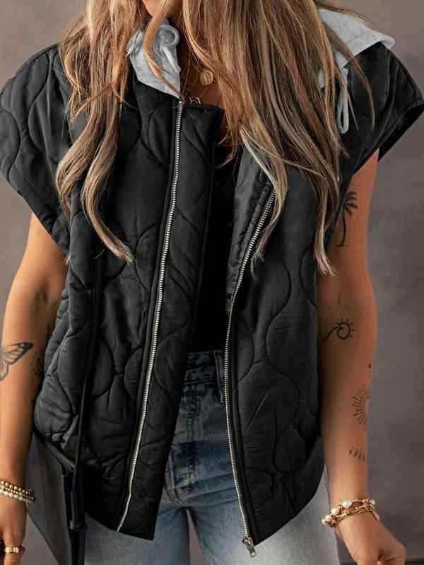 Oversized Drawstring Hooded Zip Up Puffer Vest - Pikemla