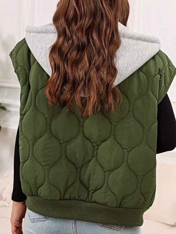 Oversized Drawstring Hooded Zip Up Puffer Vest - Pikemla
