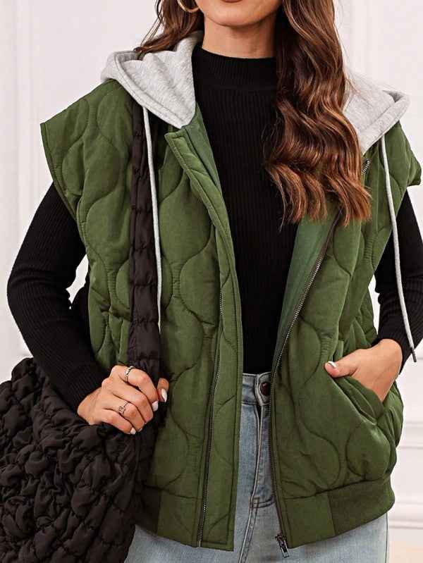 Oversized Drawstring Hooded Zip Up Puffer Vest - Pikemla