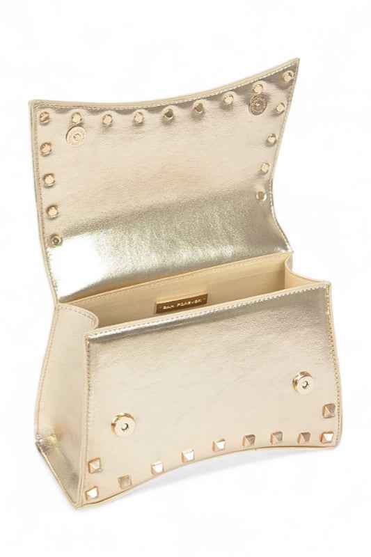 Metallic Faux Leather Studded Top Handle Swing Bag