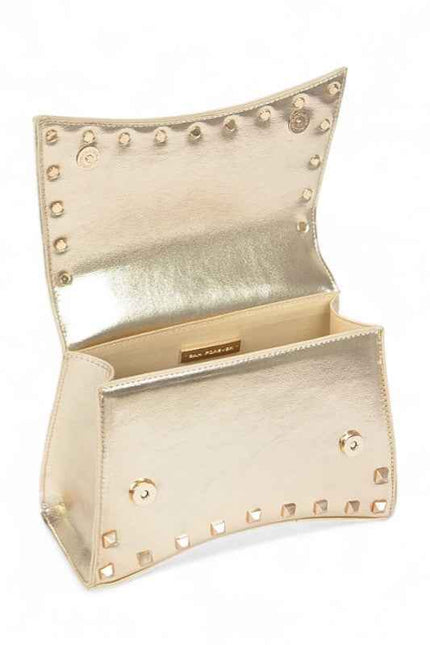 Metallic Faux Leather Studded Top Handle Swing Bag