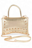 Metallic Faux Leather Studded Top Handle Swing Bag