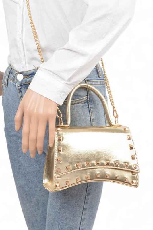 Metallic Faux Leather Studded Top Handle Swing Bag