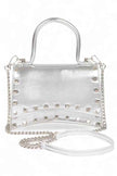 Metallic Faux Leather Studded Top Handle Swing Bag