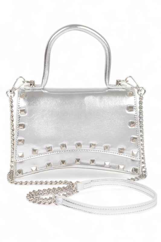 Metallic Faux Leather Studded Top Handle Swing Bag