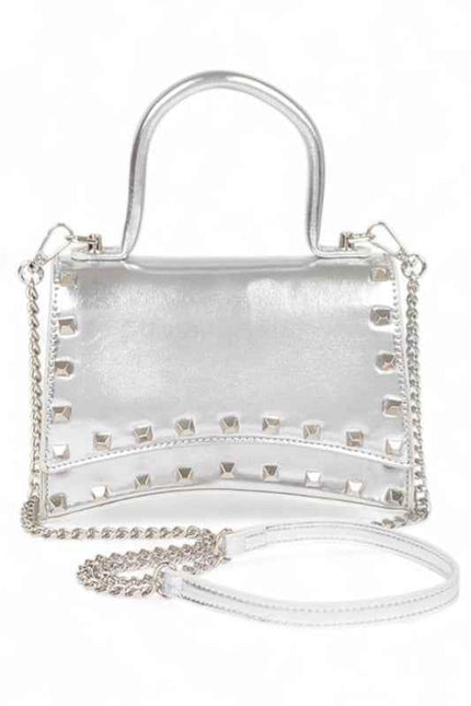 Metallic Faux Leather Studded Top Handle Swing Bag
