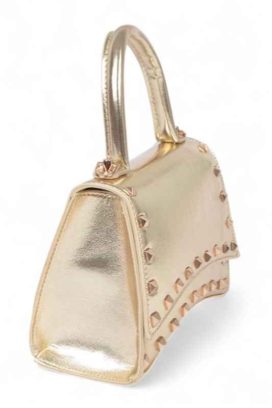 Metallic Faux Leather Studded Top Handle Swing Bag