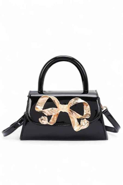 Metal Bow Top Handle Patent Faux Leather Bag