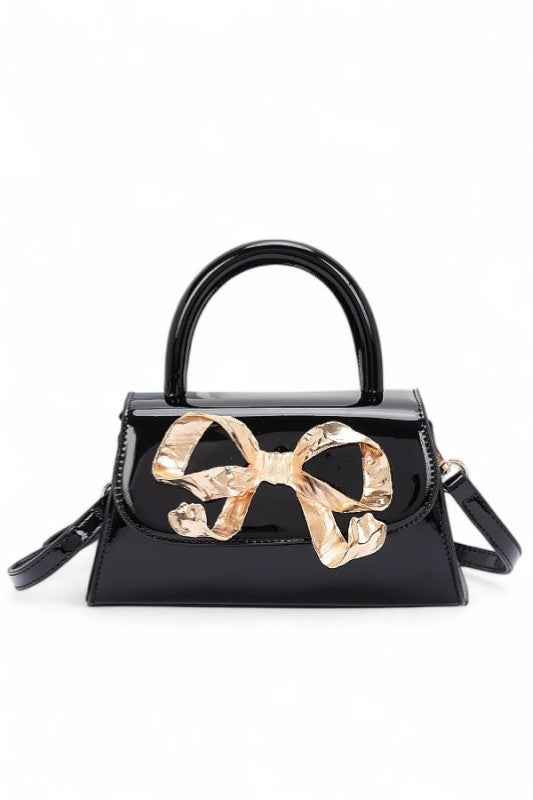 Metal Bow Top Handle Patent Faux Leather Bag