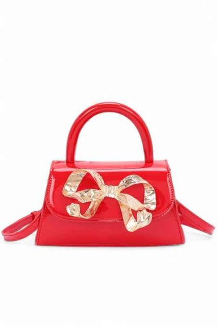 Metal Bow Top Handle Patent Faux Leather Bag