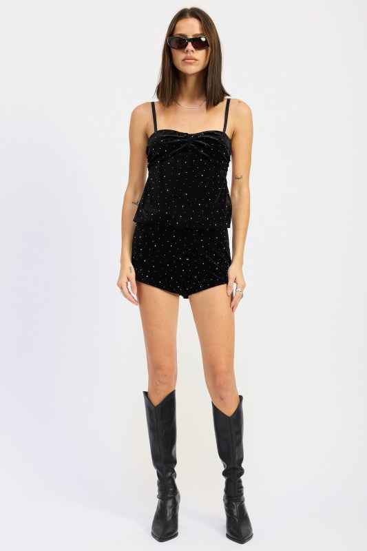 RUCHED VELVET TOP WITH RHINESTONES