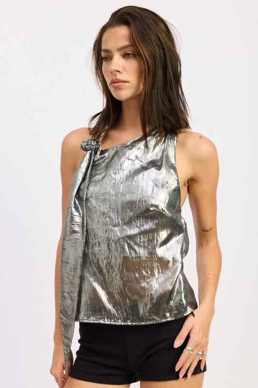 METALLIC ONE SHOULDER TOP WITH SCARF DETAIL