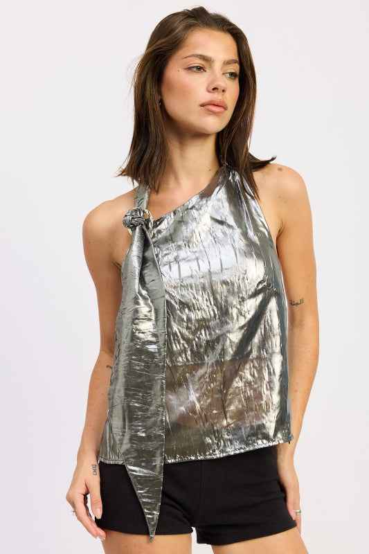 METALLIC ONE SHOULDER TOP WITH SCARF DETAIL