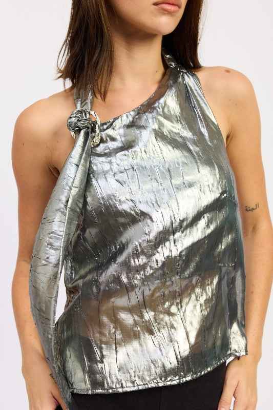 METALLIC ONE SHOULDER TOP WITH SCARF DETAIL