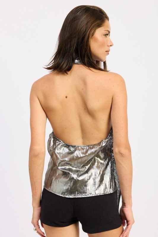 METALLIC ONE SHOULDER TOP WITH SCARF DETAIL