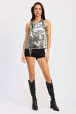 METALLIC ONE SHOULDER TOP WITH SCARF DETAIL