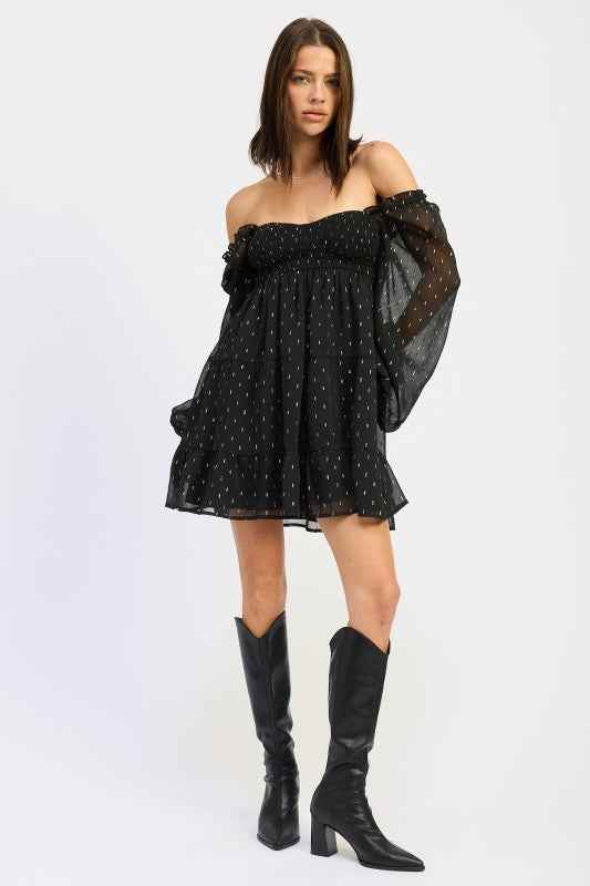 LONG SLEEVE SMOCKED BABY DOLL MINI DRESS