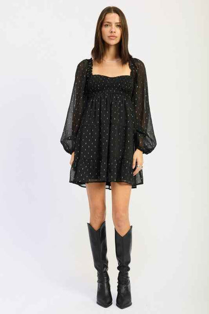 LONG SLEEVE SMOCKED BABY DOLL MINI DRESS