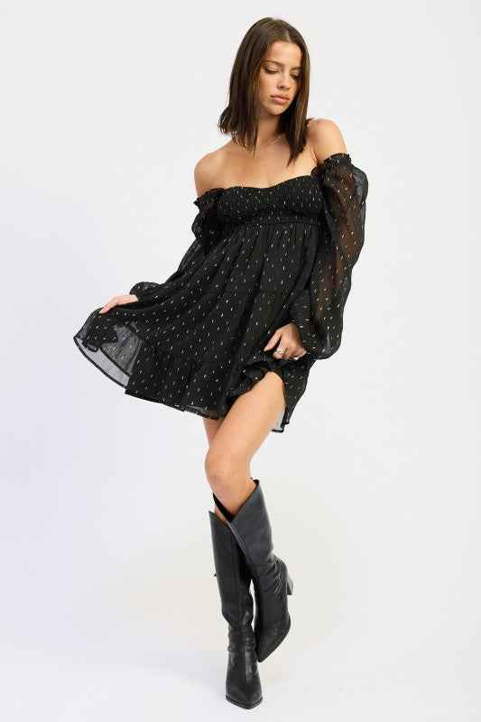 LONG SLEEVE SMOCKED BABY DOLL MINI DRESS