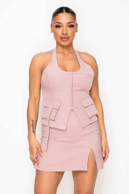 Dressy Solid Skort & Halter Pocket Detail Top Set