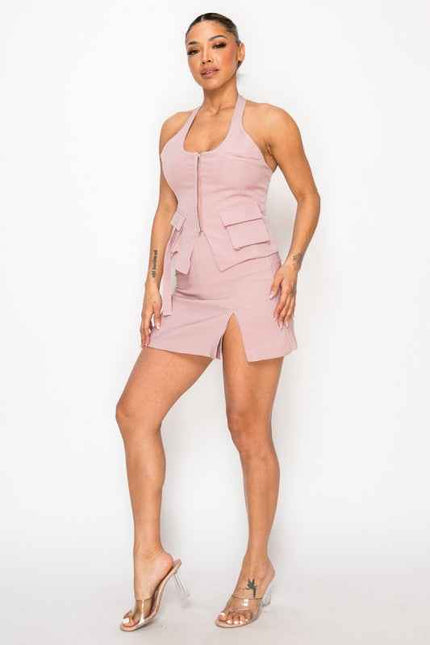 Dressy Solid Skort & Halter Pocket Detail Top Set