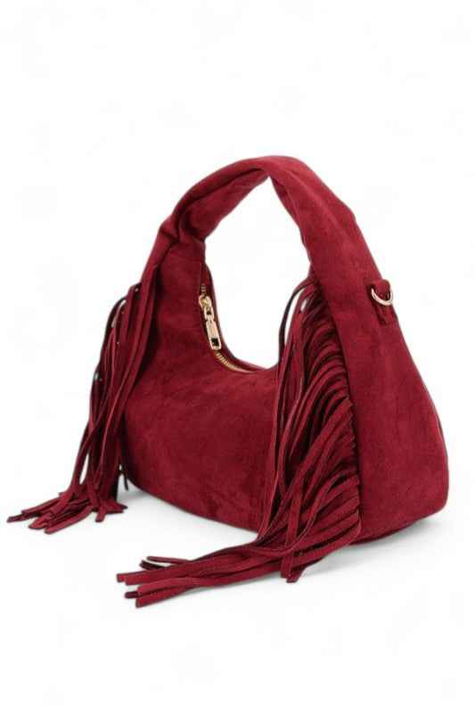 Faux Suede Top Handle Fringe Bag