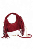 Faux Suede Top Handle Fringe Bag