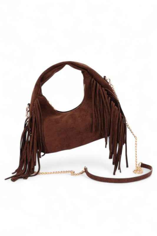 Faux Suede Top Handle Fringe Bag