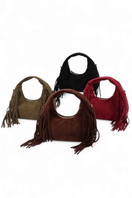Faux Suede Top Handle Fringe Bag