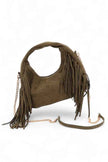 Faux Suede Top Handle Fringe Bag