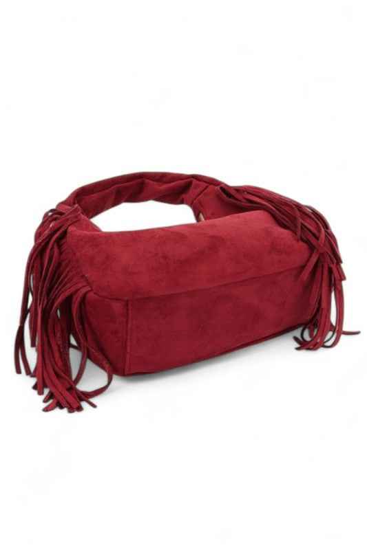 Faux Suede Top Handle Fringe Bag