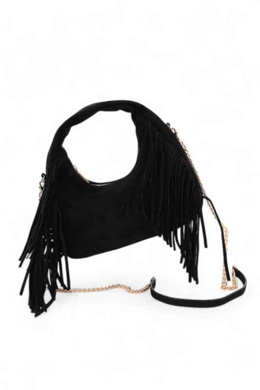 Faux Suede Top Handle Fringe Bag