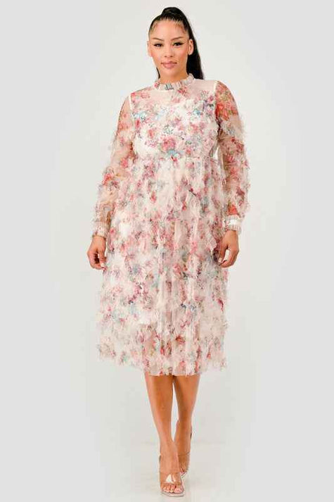 Floral Ruffle Sheer Midi Dress