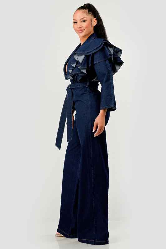 Dark Denim Ruffle Shoulder Jumpsuit