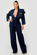 Dark Denim Ruffle Shoulder Jumpsuit