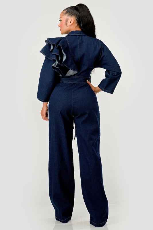 Dark Denim Ruffle Shoulder Jumpsuit