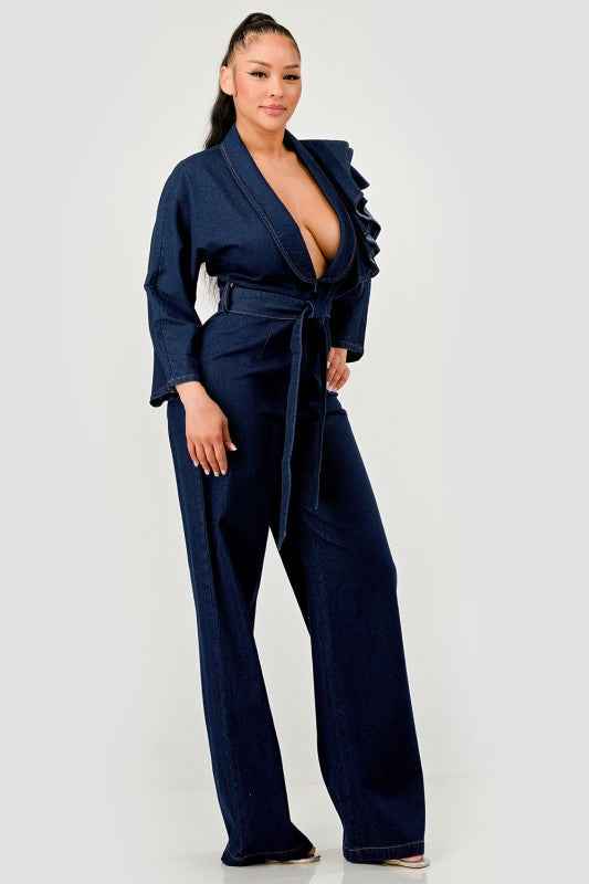 Dark Denim Ruffle Shoulder Jumpsuit
