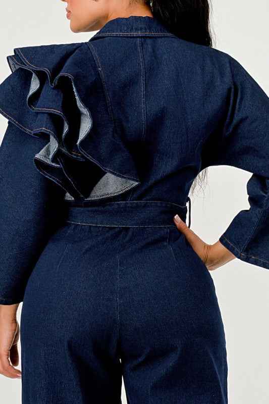 Dark Denim Ruffle Shoulder Jumpsuit
