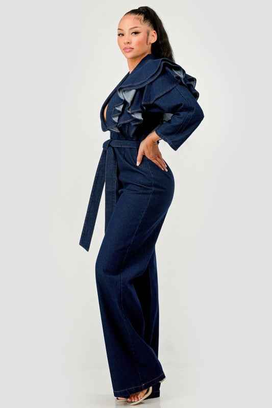 Dark Denim Ruffle Shoulder Jumpsuit