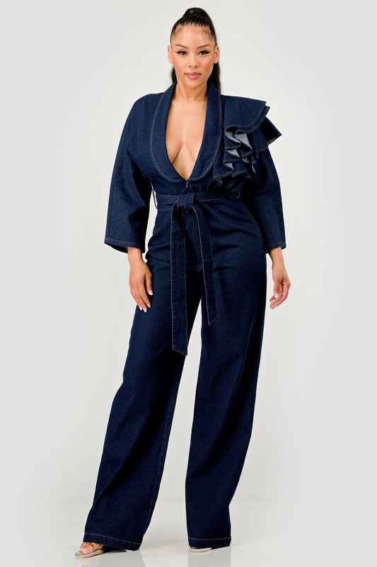 Dark Denim Ruffle Shoulder Jumpsuit