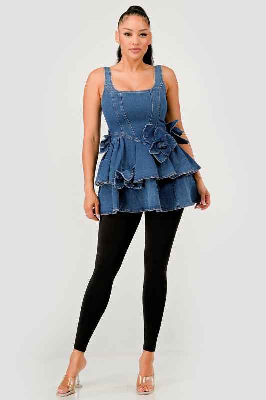 Ruffle Bloom Denim Peplum Top