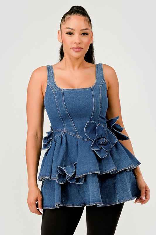 Ruffle Bloom Denim Peplum Top
