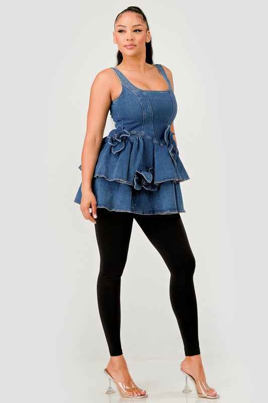 Ruffle Bloom Denim Peplum Top