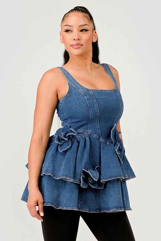 Ruffle Bloom Denim Peplum Top