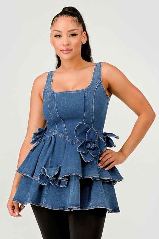 Ruffle Bloom Denim Peplum Top