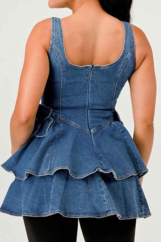 Ruffle Bloom Denim Peplum Top