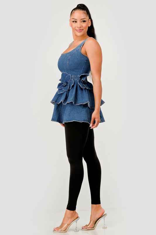 Ruffle Bloom Denim Peplum Top