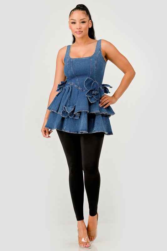 Ruffle Bloom Denim Peplum Top