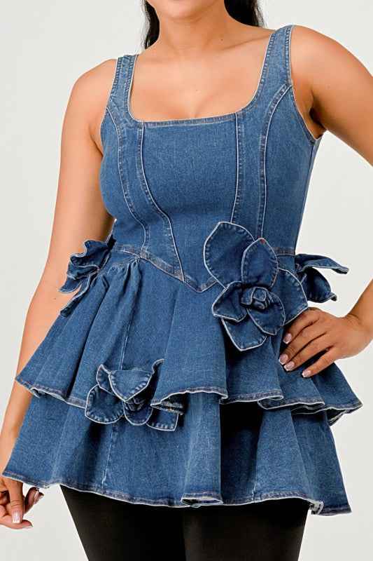 Ruffle Bloom Denim Peplum Top