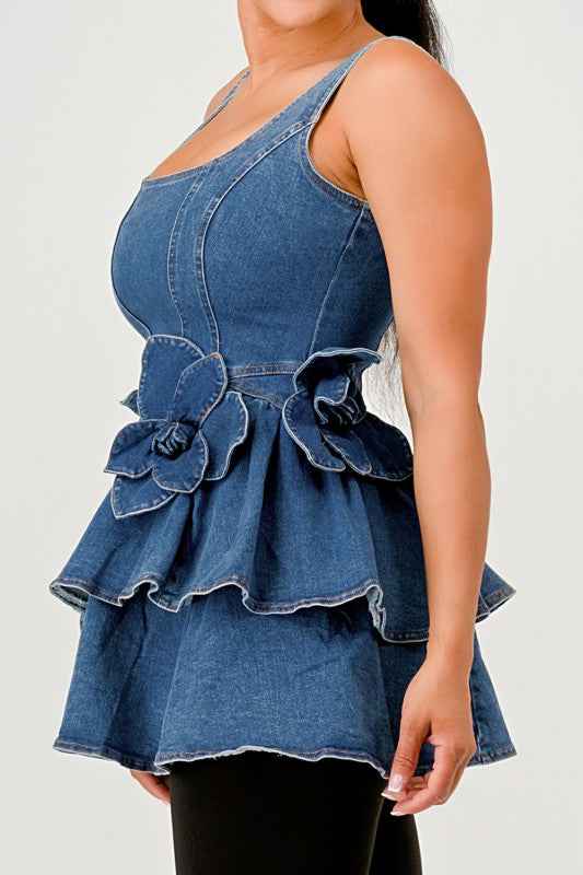 Ruffle Bloom Denim Peplum Top